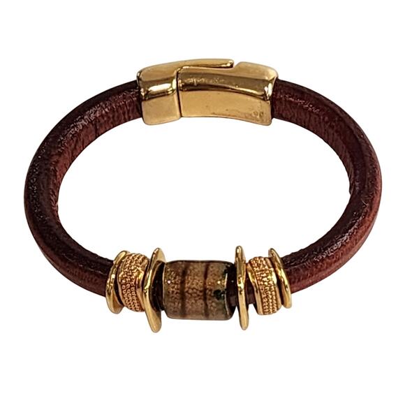 NEW Divine Debris Artisan Leather Bracelet Gold Magnetic Bangle Ceramic Accent - Picture 2 of 6